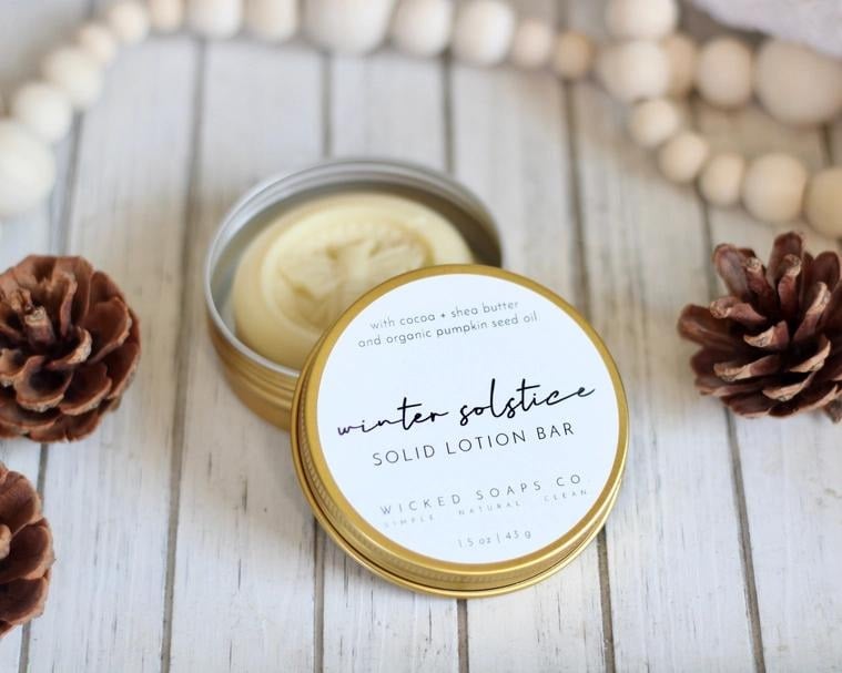Winter Solstice solid lotion bar by Wicked Soaps Co at Soothe and Sage boutique Spokane WA - cocoa and shea butter body care